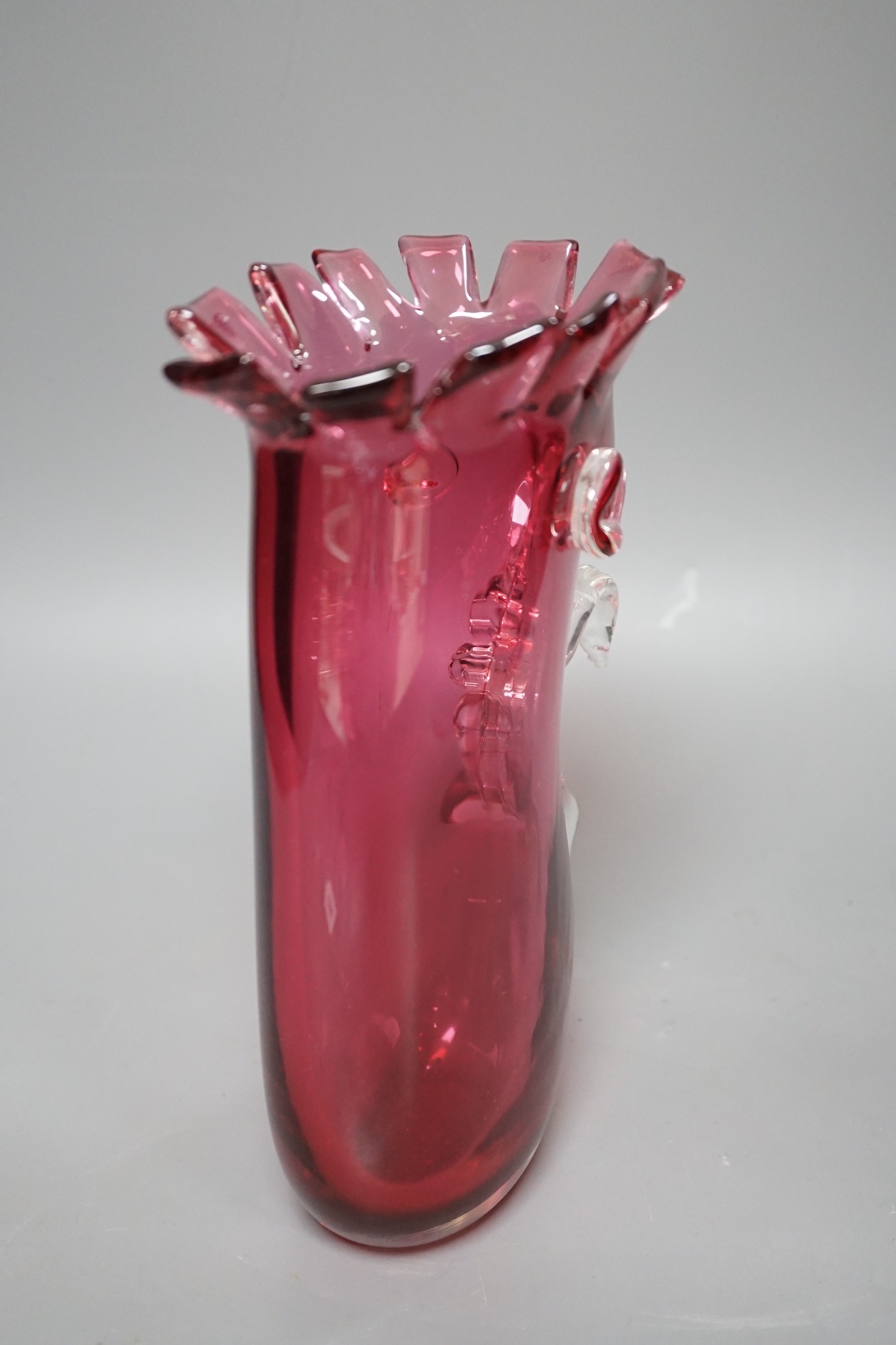 A cranberry glass novelty vase, signed Louis Thompson, 25cm